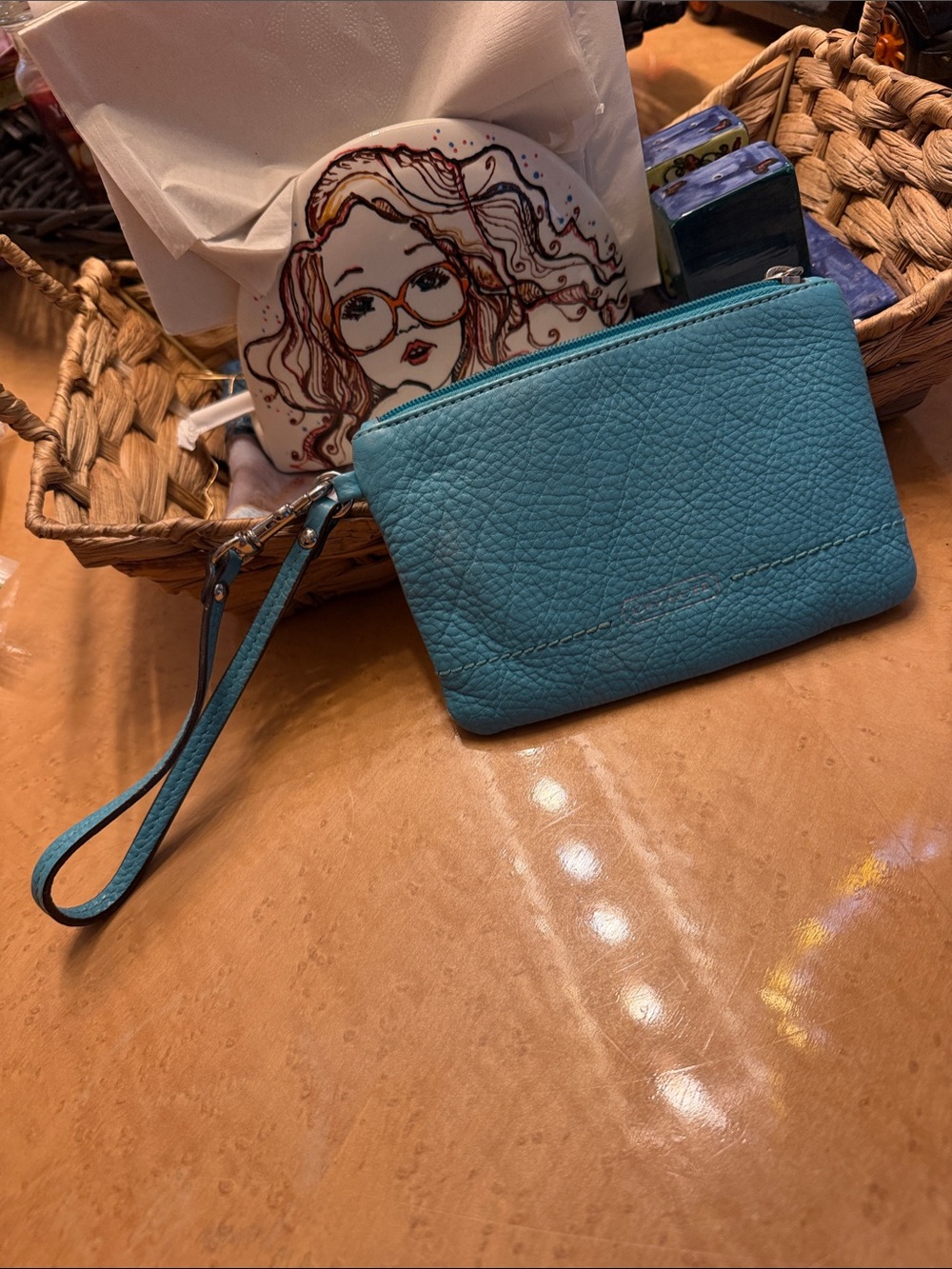 Coach Turquoise Pebbled Leather Wristlet Wallet Women's Bag Pockets Vintage Blue